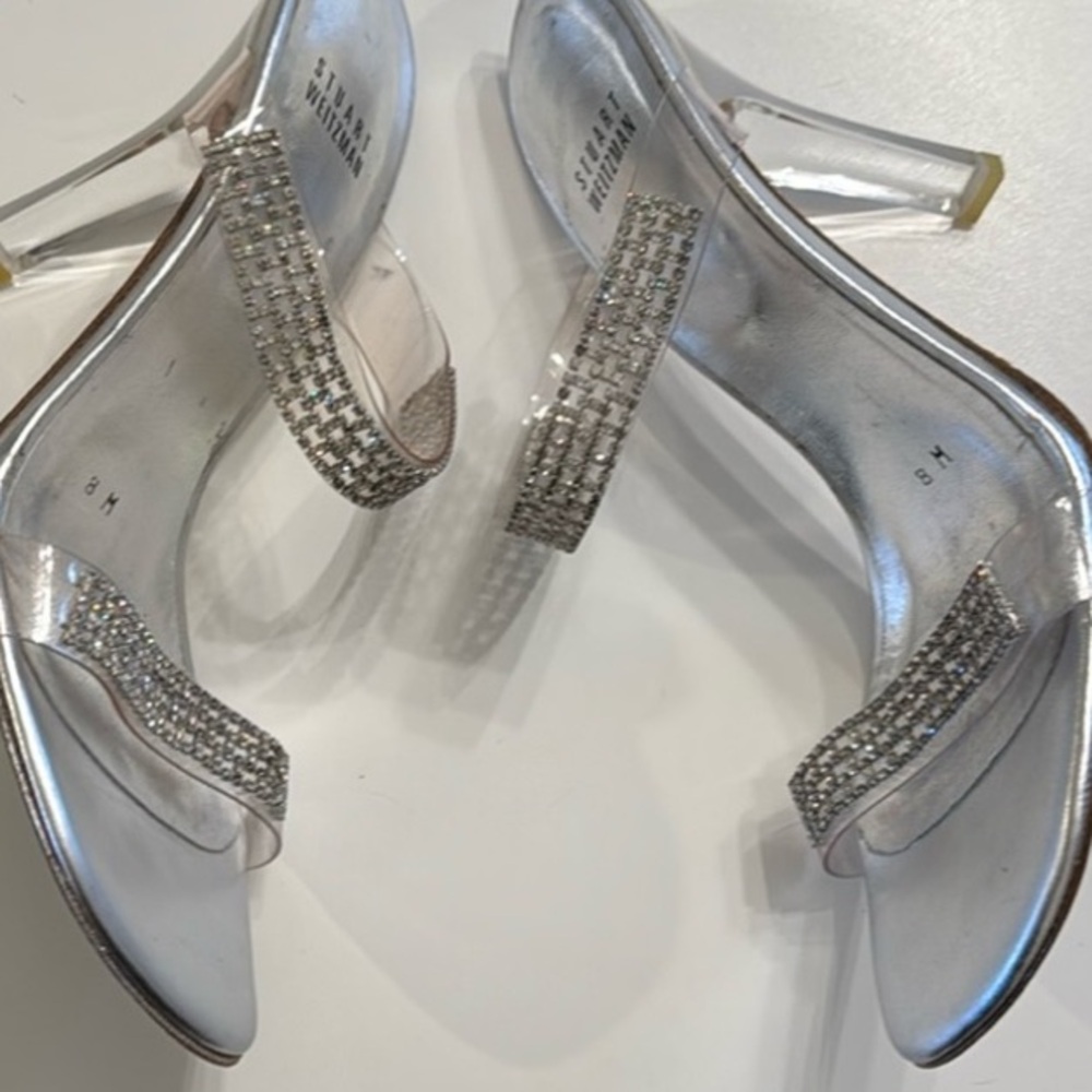 Stuart Weitzman Aleena Crystal Lucite Rhinestone Slide Heels Sandals Size 8 EUC - Picture 13 of 14